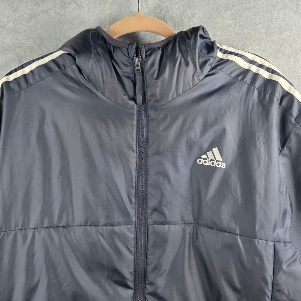 Adidas Puffer Jacket Mens LT Navy Blue Primegreen Hooded Full-Zip 3-Stripe
